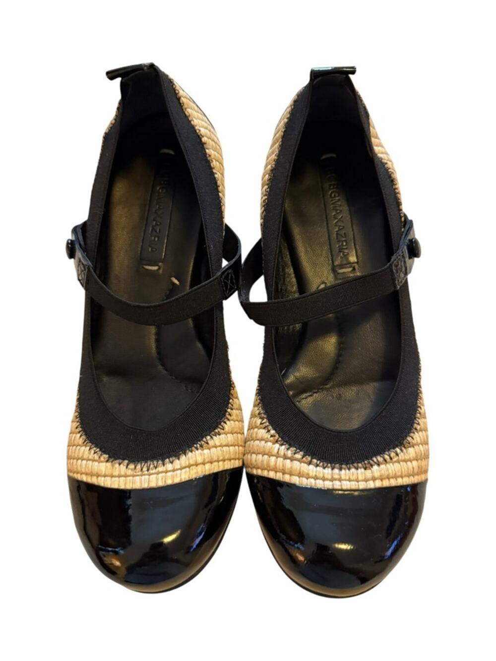 BCBGMaxAzria Black Patent and Natural Raffia Mary Jane Flats